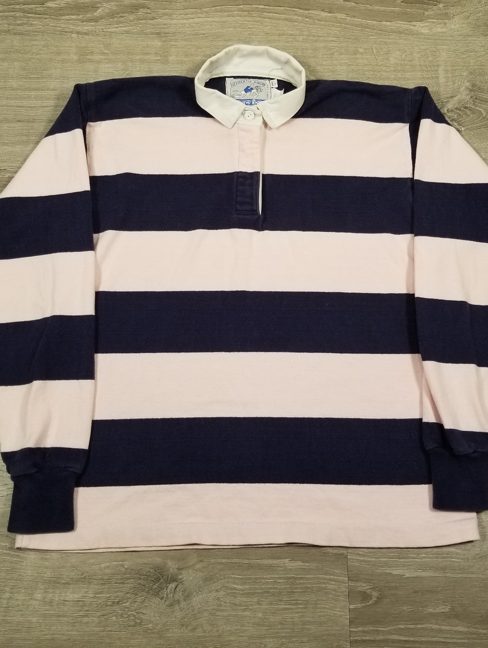 Vintage Lands End Rugby Shirt Striped Blue/Pink Womens XL Made In USA Cotton
